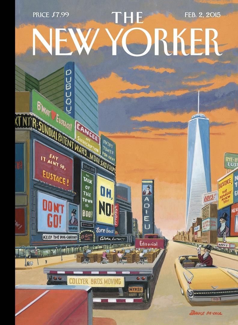 An illustrated cover of the New Yorker magazine depicts the billboards of Times Square under an orange sky. One World Trade Center towers in the distance. The magazine’s mascot Eustace Tilley is seen riding towards the skyscraper along with Conde Naste employees, who are on a flatbed moving truck.