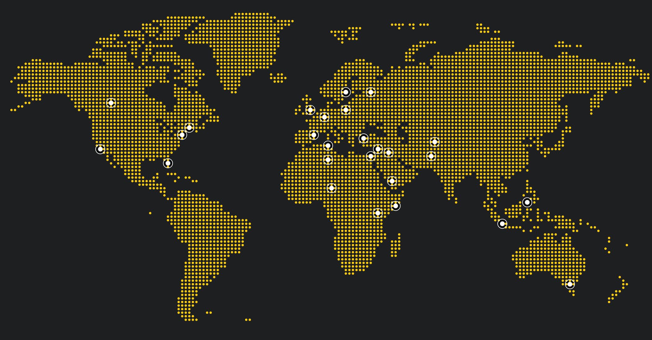 Graphic world map in yellow tiles with white target markings across the map.