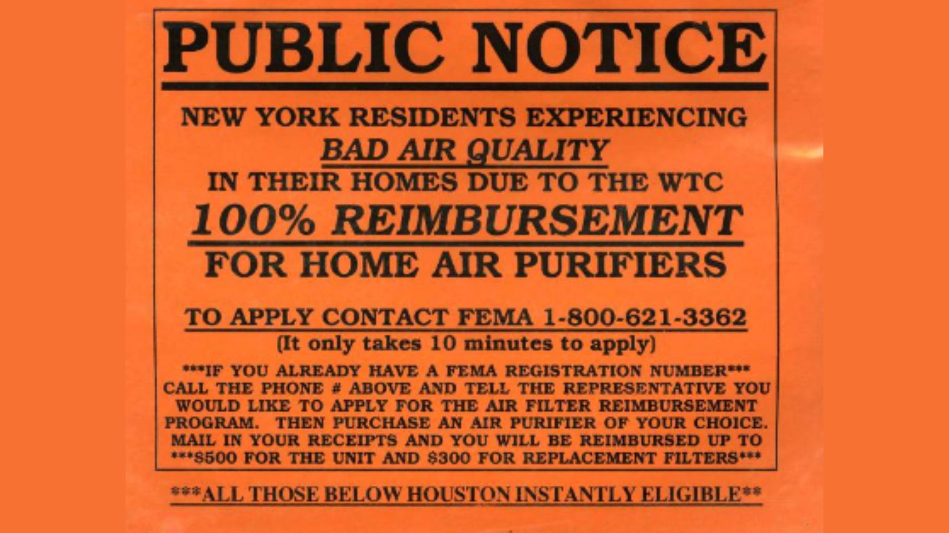 A public notice set in black type against an orange background, notifying residents of potentially toxic air