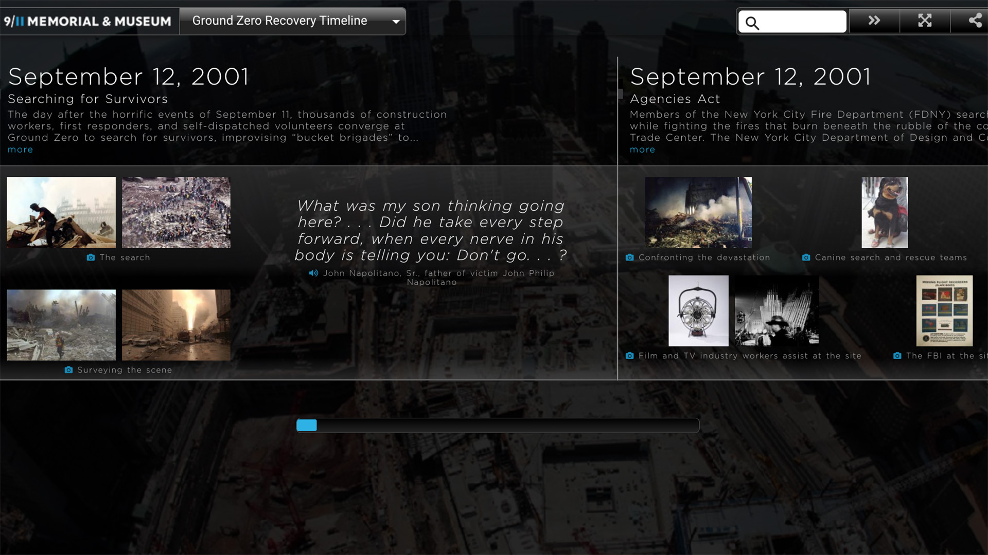 screenshot of webpage showing images and text on a timeline of Ground Zero recovery efforts.