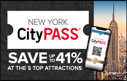 New York CityPASS logo against a blue background, with the city skyline on the right. A mobile phone with a QR code also appears juxtaposed and the text underneath reads SAVE 41 PERCENT.