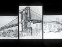 Drawing triptych of Brooklyn Bridge with Twin Towers (April 2001) by Christy Symington