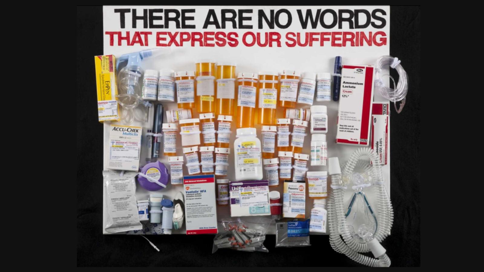 Protest sign with the text "There are No Words That Express Our Suffering" and images of medical supplies like prescription bottles
