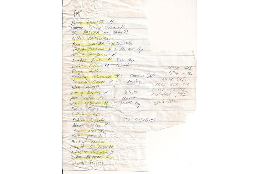 Thomas McHale Jr.’s notes of evacuees from the World Trade Center is displayed on a white background at the Museum. It features handwritten names on ruled paper. Some of the names have been marked with a yellow highlighter.