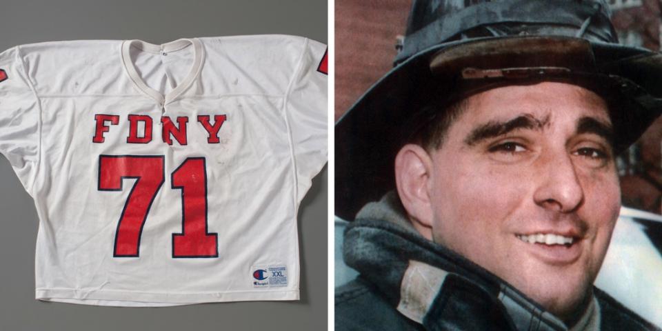 The red and white FDNY football jersey of firefighter Durrell ‘Bronko’ Pearsall is displayed on a gray surface at the Museum. An adjacent image shows Pearsall smiling in his bunker gear.