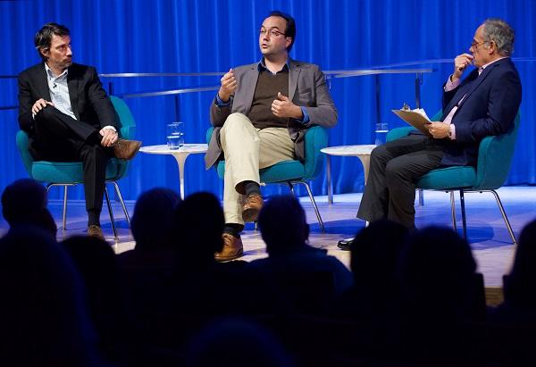 Documentarians Gédéon and Jules Naudet speak onstage with Clifford Chanin, the 9/11 Memorial Museum’s executive vice president and deputy director for museum programs, during a public program at the Museum auditorium.