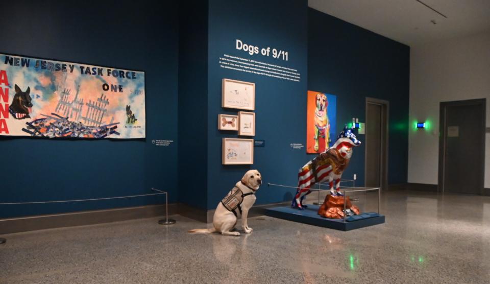A yellow Labrador retriever looks over its shoulder and into the camera in front of a dark blue wall framed by the exhibition title "Dogs of 9/11." 