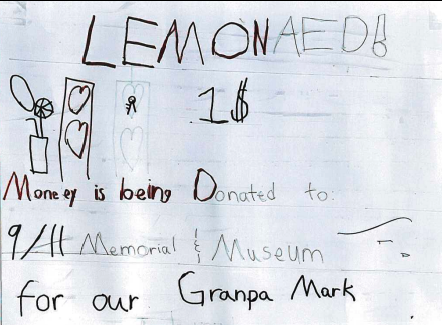 Child's handwriting and drawing on white paper, explaining donation to Museum in grandfather's name.