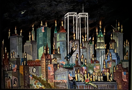 Painted rendering of lower Manhattan skyline, with the Twin Towers depicted as ghostly chalk outlines, lit candles dotting the tops of buildings, and an image of the artist floating through air